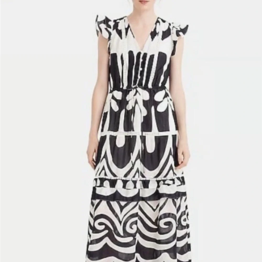 POINT SUR J CREW RATTI PRINT TIER RUFFLED NAVY & WHITE MAXI DRESS NEW WITH TAGS - Picture 4 of 14